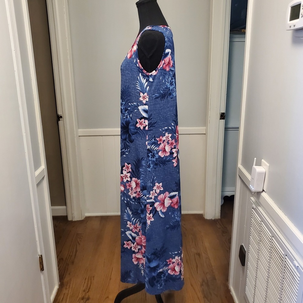 sjs Hibiscus Floral Woman's Sleeveless Dress Sz MED Tropical Maxi Tank Blue/Pink - Picture 2 of 10